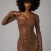 Zeta Sheer Embellished Long Sleeve A-Line Mini Dress in Mocha