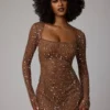 Zeta Sheer Embellished Long Sleeve A-Line Mini Dress in Mocha