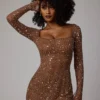 Zeta Sheer Embellished Long Sleeve A-Line Mini Dress in Mocha
