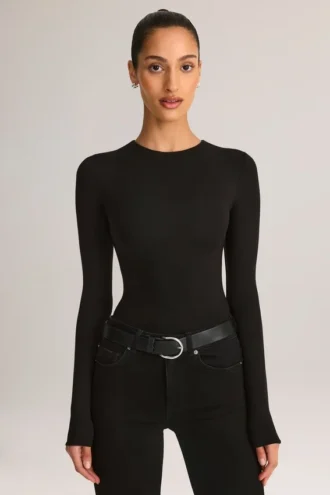 Ziva Modal Round-Neck Long-Sleeve Bodysuit in Black