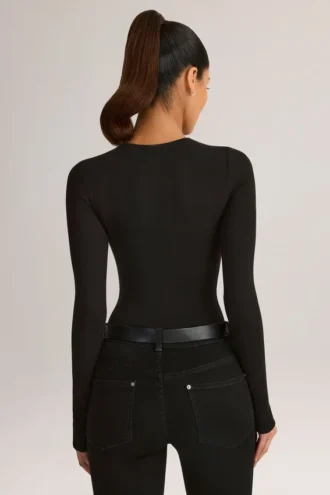 Ziva Modal Round-Neck Long-Sleeve Bodysuit in Black