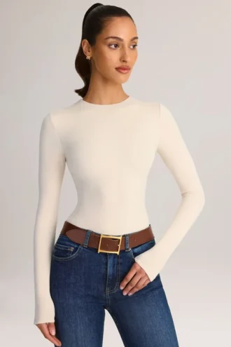 Ziva Modal Round-Neck Long-Sleeve Bodysuit in Cream