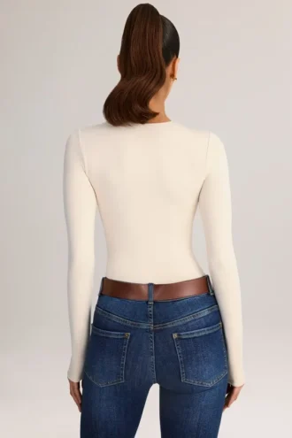 Ziva Modal Round-Neck Long-Sleeve Bodysuit in Cream