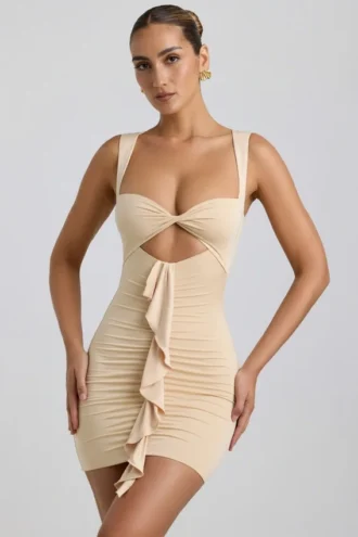 Zivanka Slinky Jersey Cut-Out Ruffle-Trim Mini Dress in Buttercream