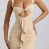 Zivanka Slinky Jersey Cut-Out Ruffle-Trim Mini Dress in Buttercream