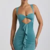 Zivanka Slinky Jersey Cut-Out Ruffle-Trim Mini Dress in Sea Green