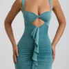 Zivanka Slinky Jersey Cut-Out Ruffle-Trim Mini Dress in Sea Green
