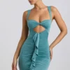 Zivanka Slinky Jersey Cut-Out Ruffle-Trim Mini Dress in Sea Green