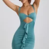 Zivanka Slinky Jersey Cut-Out Ruffle-Trim Mini Dress in Sea Green