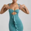 Zivanka Slinky Jersey Cut-Out Ruffle-Trim Mini Dress in Sea Green