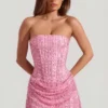 Ziya Embellished Draped Strapless A-Line Mini Dress in Pink