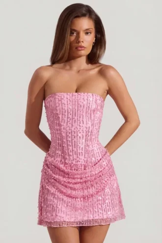 Ziya Embellished Draped Strapless A-Line Mini Dress in Pink