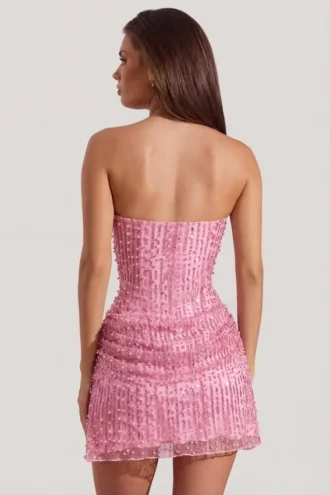Ziya Embellished Draped Strapless A-Line Mini Dress in Pink