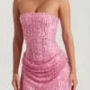 Ziya Embellished Draped Strapless A-Line Mini Dress in Pink