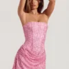 Ziya Embellished Draped Strapless A-Line Mini Dress in Pink