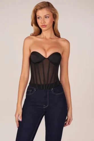 Zoa Bandeau Lace-Up Corset Top  in Black