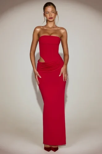 Zorya Soft-Jersey Bandeau Cut-Out Maxi Dress in True Red