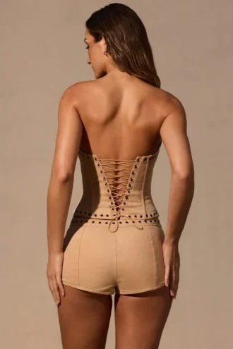 Zoryelle Low-Rise Mini Shorts in Tan