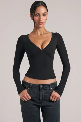 Zyra V-Neck Long-Sleeve Top  in Black