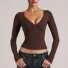 Zyra V-Neck Long-Sleeve Top  in Chocolate Brown