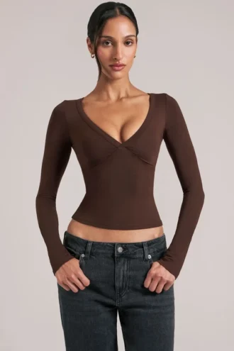 Zyra V-Neck Long-Sleeve Top  in Chocolate Brown