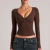 Zyra V-Neck Long-Sleeve Top  in Chocolate Brown