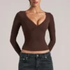 Zyra V-Neck Long-Sleeve Top  in Chocolate Brown