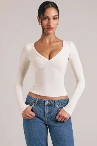 Zyra V-Neck Long-Sleeve Top  in Ivory